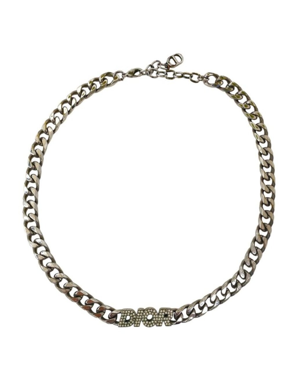 Dior Chain Link Necklace Choker Logo Rhinestone Metal Silver